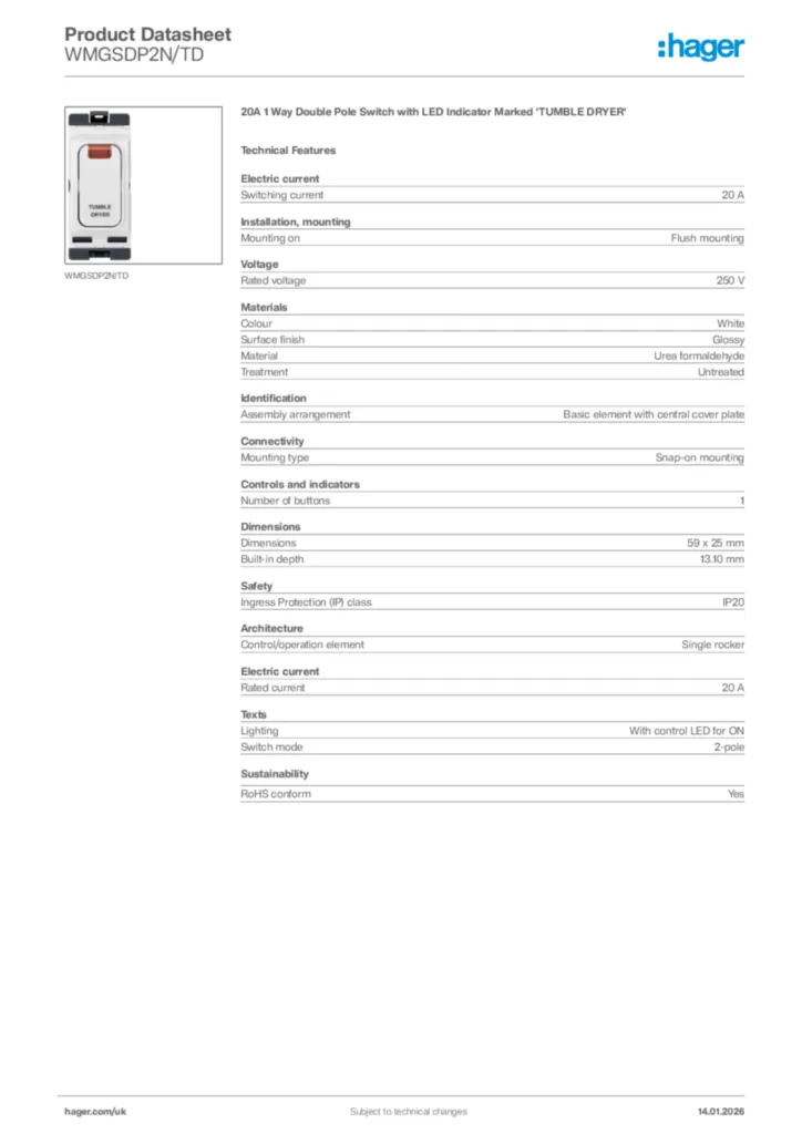Image Hager Product data sheet WMGSDP2N/TD  | Hager