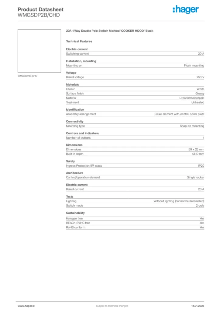 Image Hager Product data sheet WMGSDP2B/CHD  | Hager