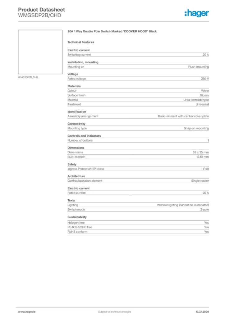 Image Hager Product data sheet WMGSDP2B/CHD  | Hager