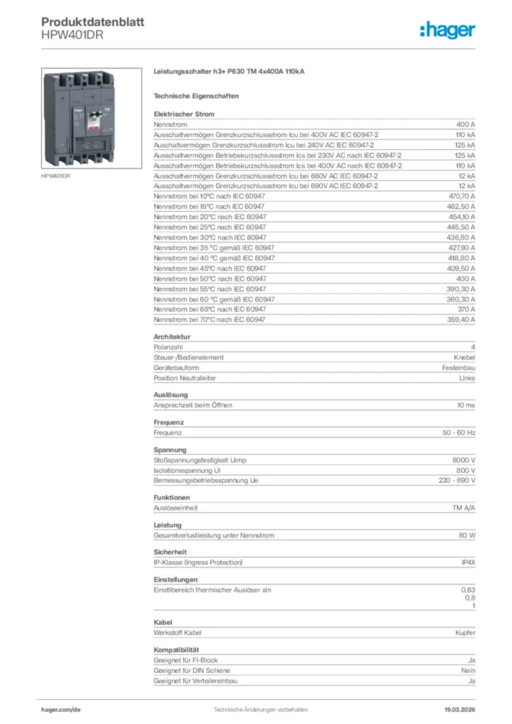 Bild Hager Produktdatenblatt HPW401DR | Hager Deutschland