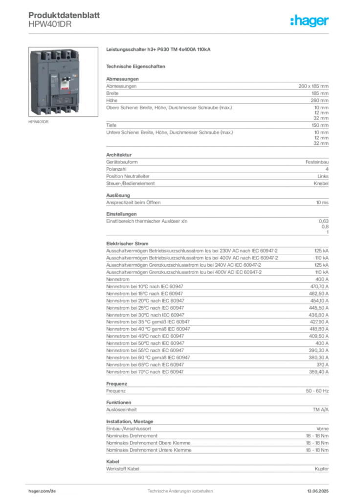 Bild Hager Produktdatenblatt HPW401DR | Hager Deutschland
