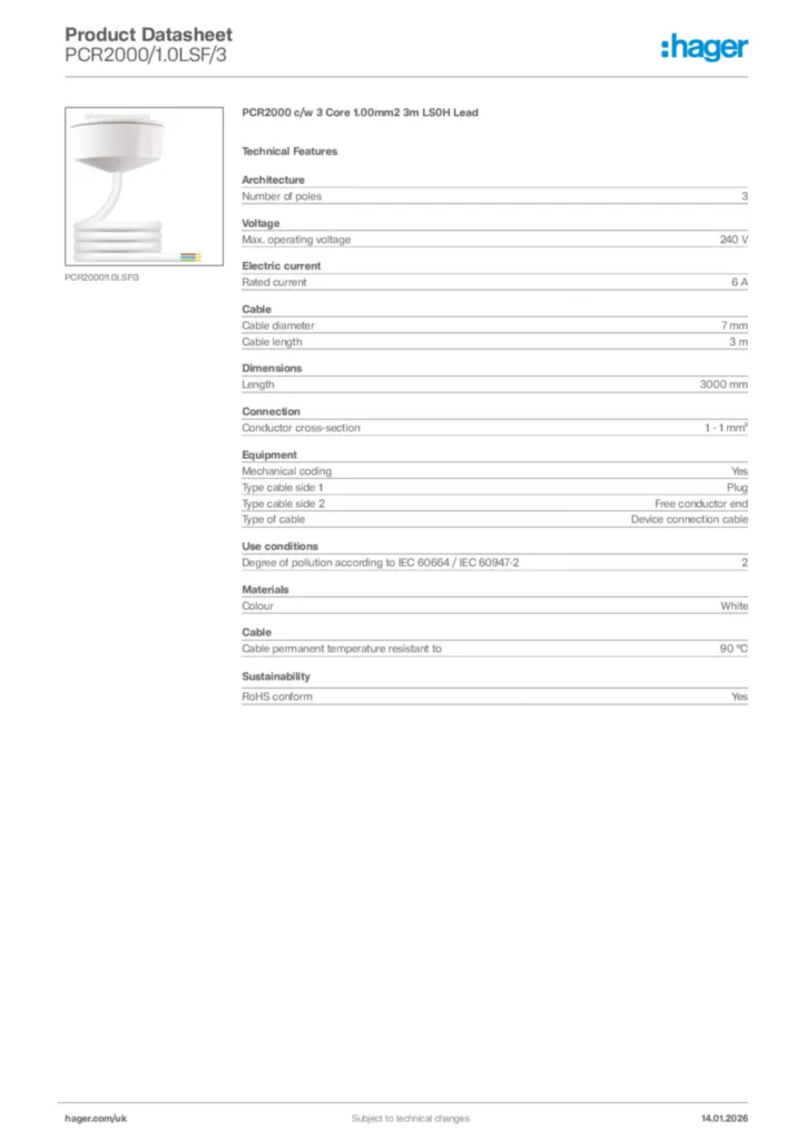 Image Hager Product data sheet PCR2000/1.0LSF/3  | Hager