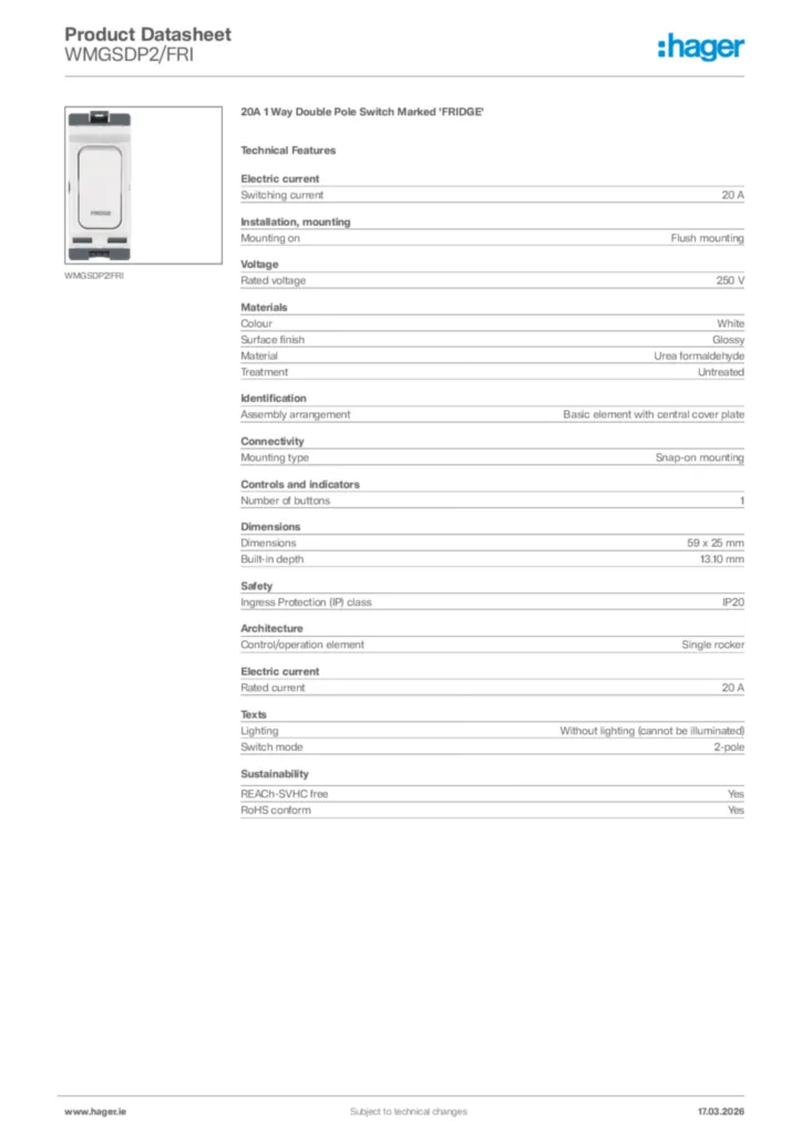 Image Hager Product data sheet WMGSDP2/FRI  | Hager