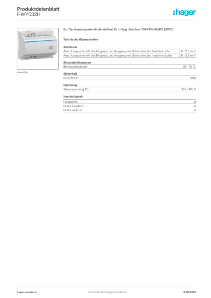 Bild Hager Produktdatenblatt HWY032H | Hager Schweiz