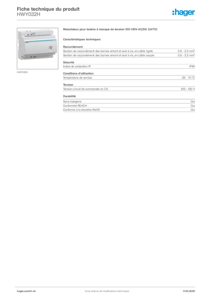 Image Hager Fiche technique du produit HWY032H | Hager Suisse