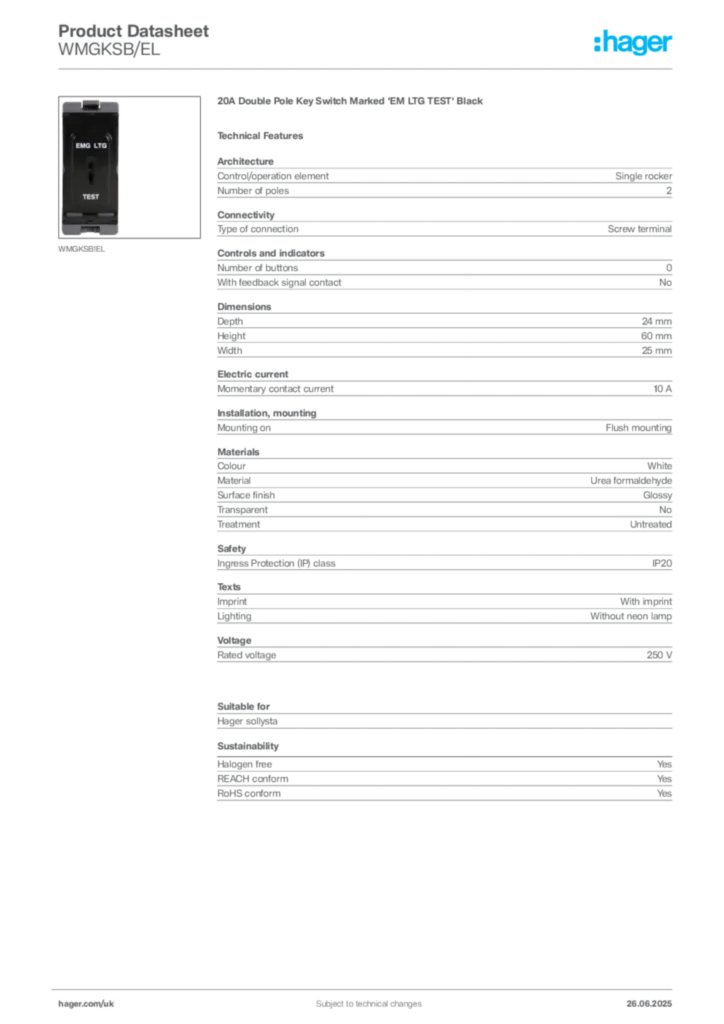 Image Hager Product data sheet WMGKSB/EL  | Hager