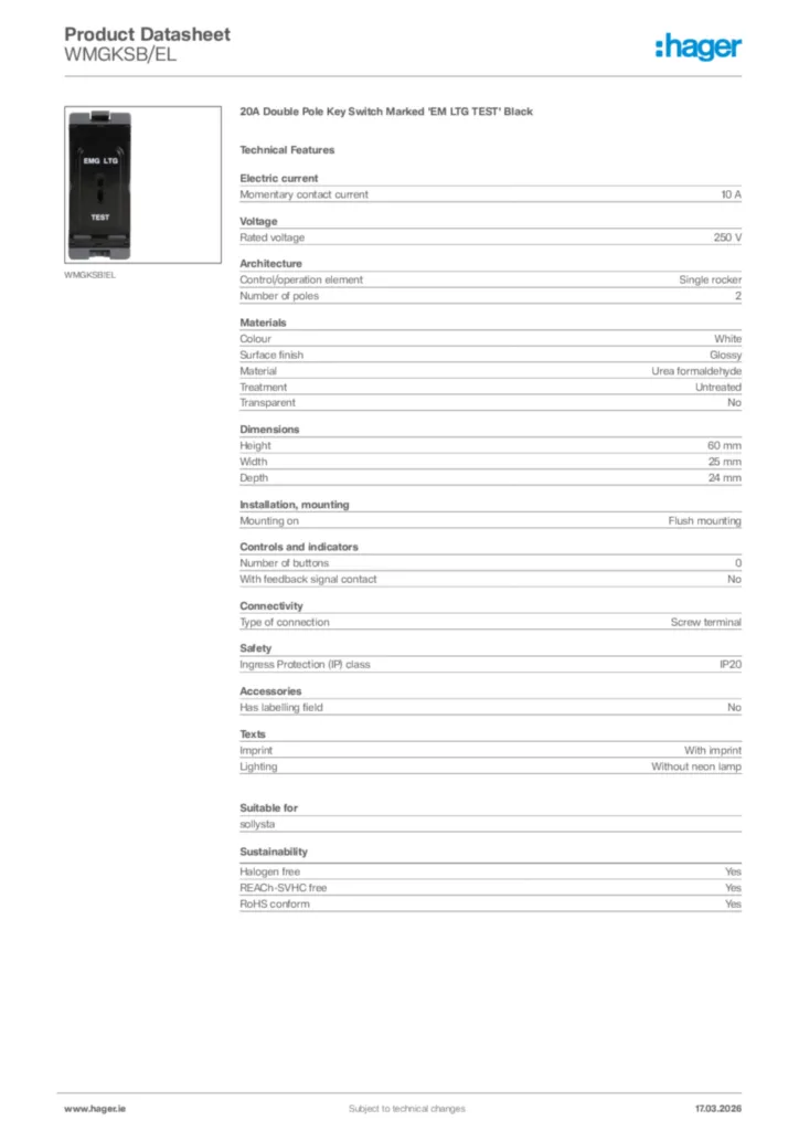 Image Hager Product data sheet WMGKSB/EL  | Hager