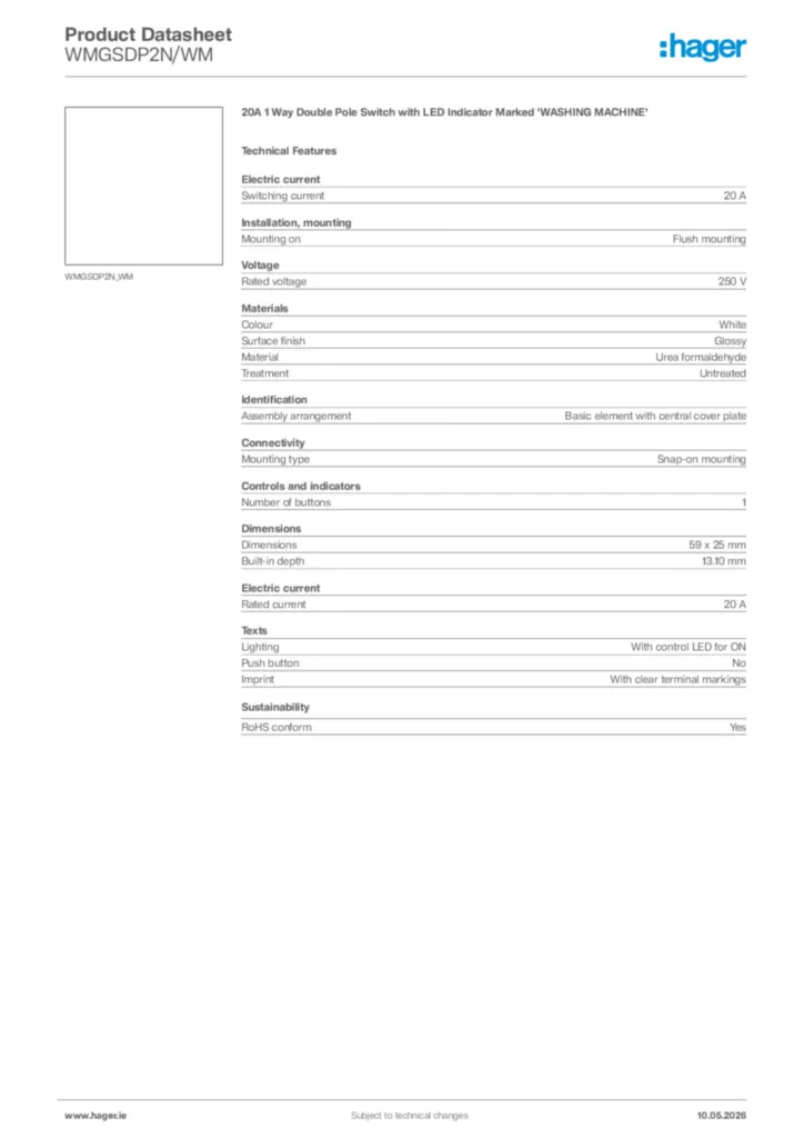 Image Hager Product data sheet WMGSDP2N/WM  | Hager