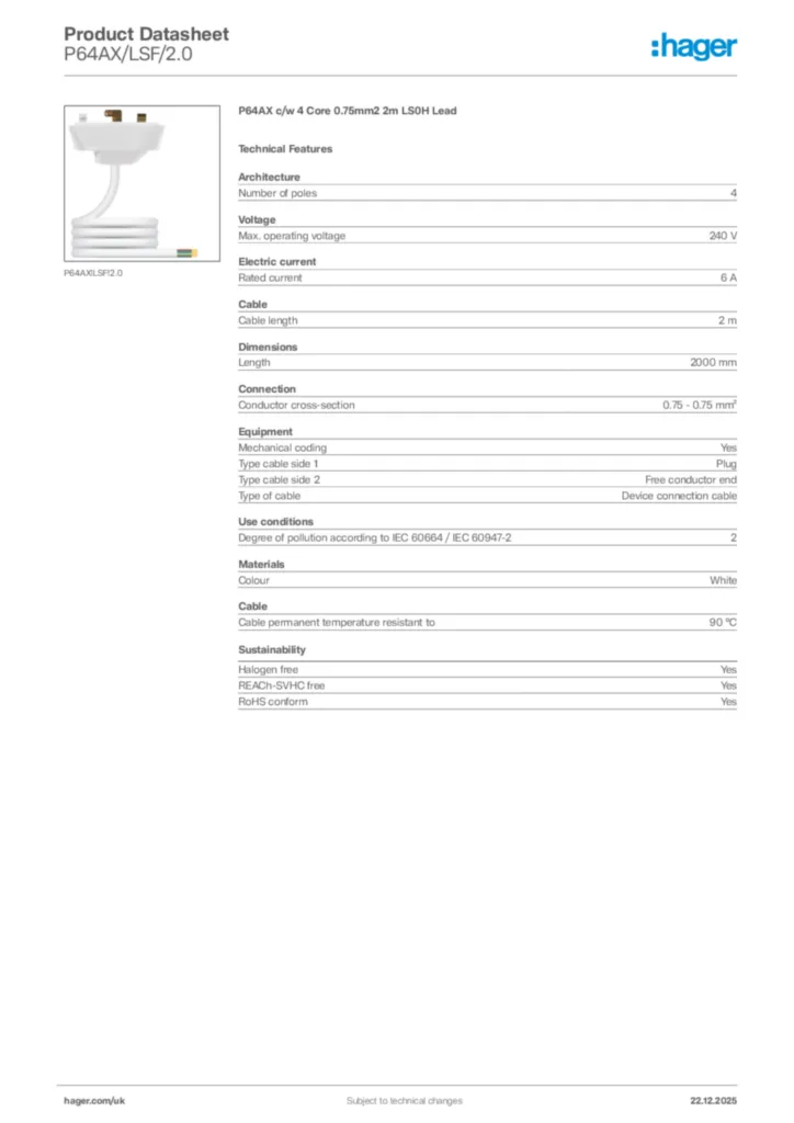 Image Hager Product data sheet P64AX/LSF/2.0  | Hager