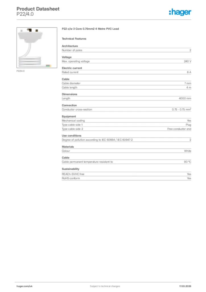 Image Hager Product data sheet P22/4.0  | Hager