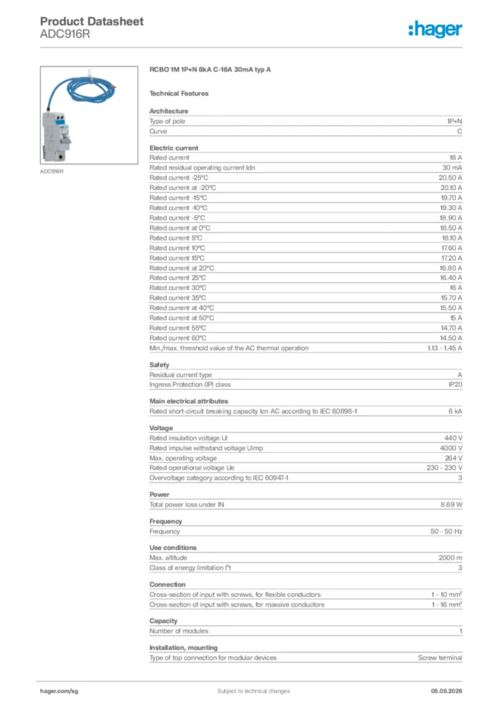 Image Hager Product data sheet ADC916R  | Hager
