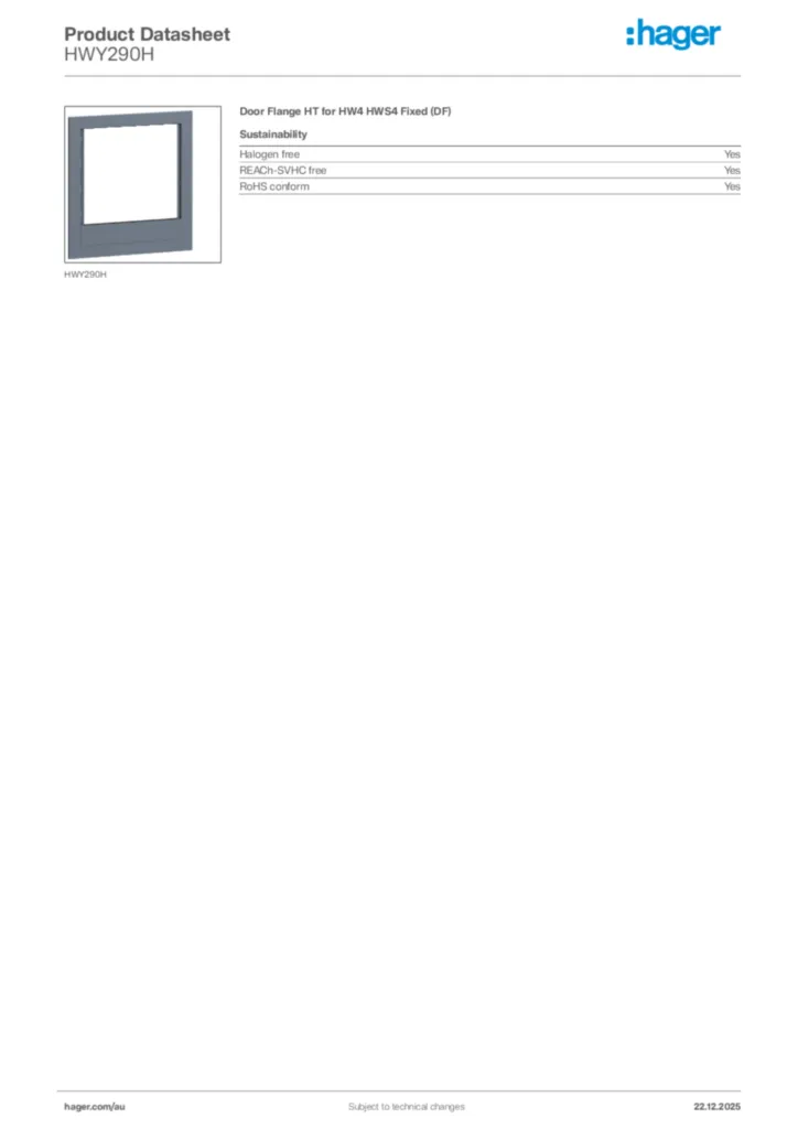 Image Hager Product data sheet HWY290H  | Hager Australia
