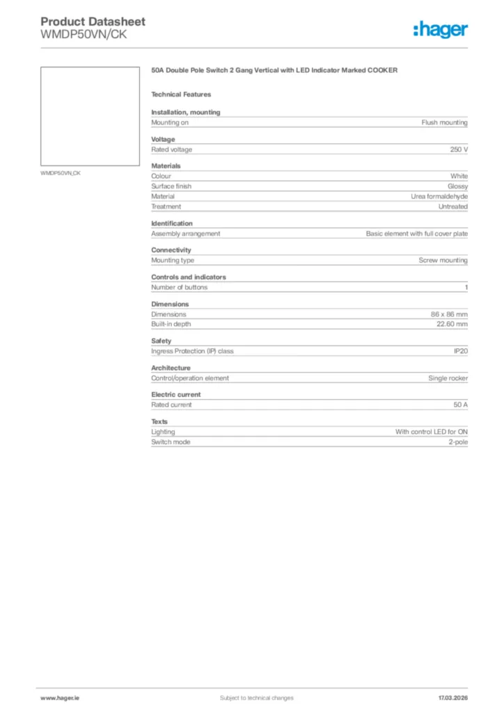 Image Hager Product data sheet WMDP50VN/CK  | Hager