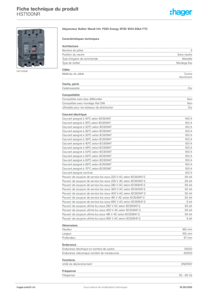 Image Hager Fiche technique du produit HST100NR | Hager Suisse