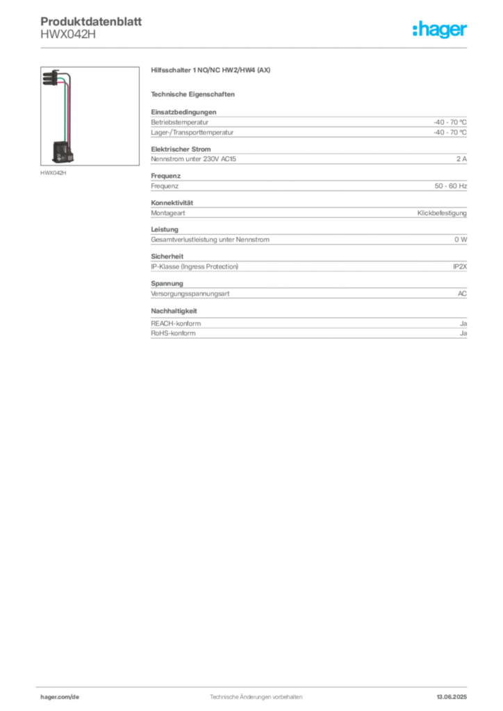 Bild Hager Produktdatenblatt HWX042H | Hager Deutschland