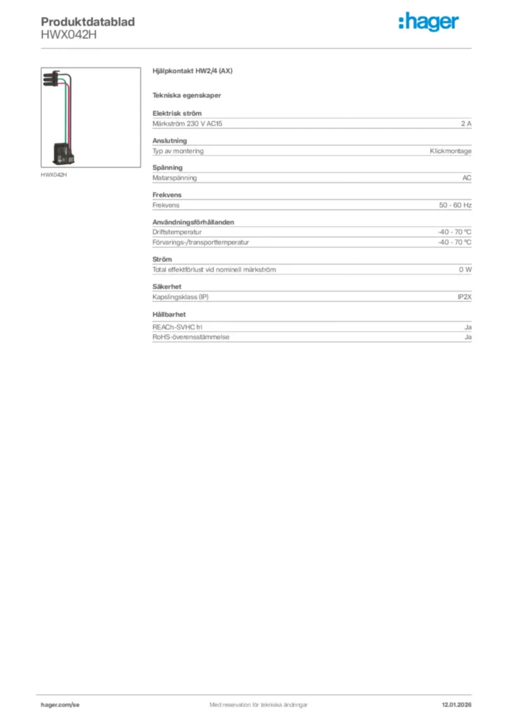Bild Hager Produktdatablad HWX042H | Hager Sverige