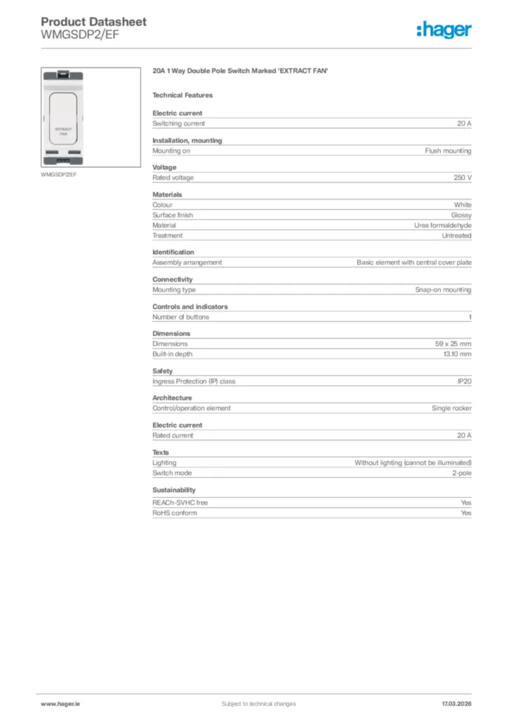 Image Hager Product data sheet WMGSDP2/EF  | Hager