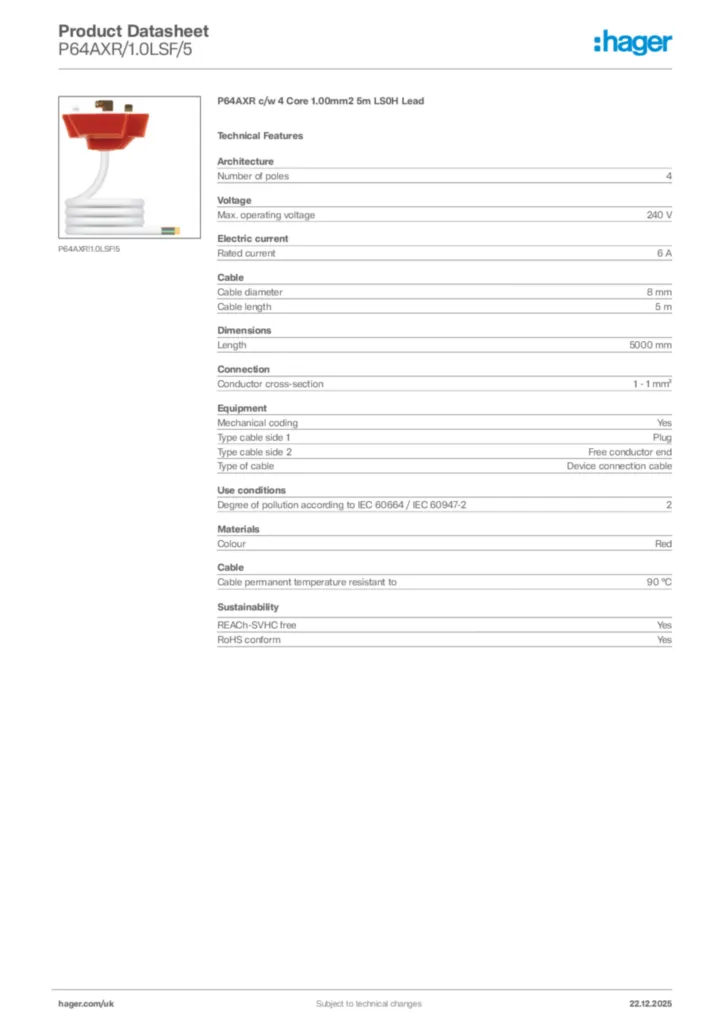Image Hager Product data sheet P64AXR/1.0LSF/5  | Hager