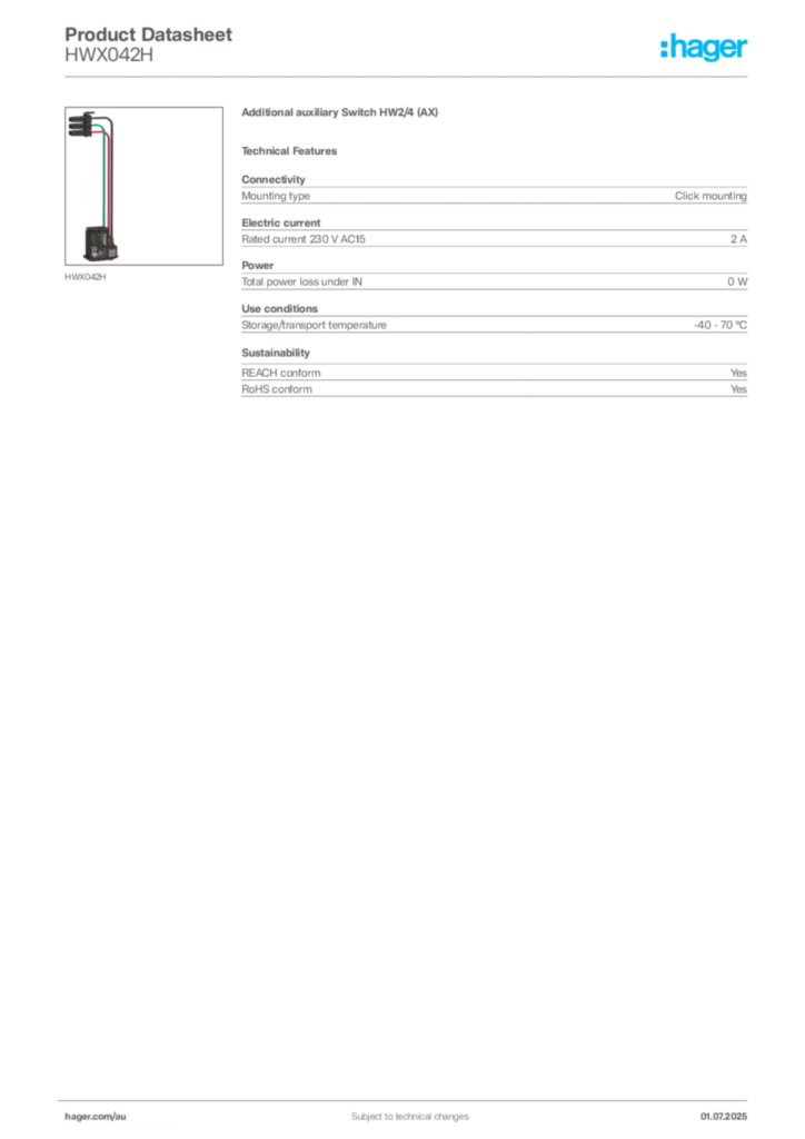 Image Hager Product data sheet HWX042H  | Hager Australia