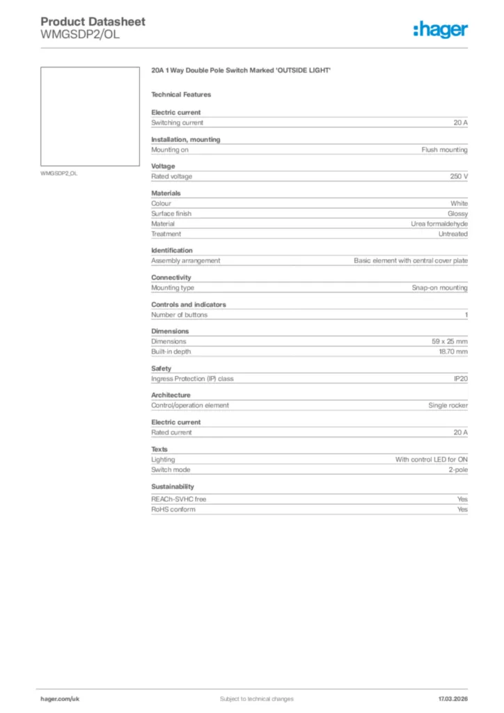 Image Hager Product data sheet WMGSDP2/OL  | Hager