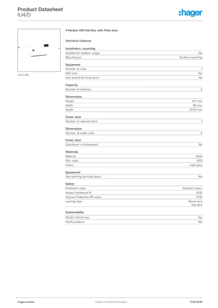 Image Hager Product data sheet IU4/D  | Hager