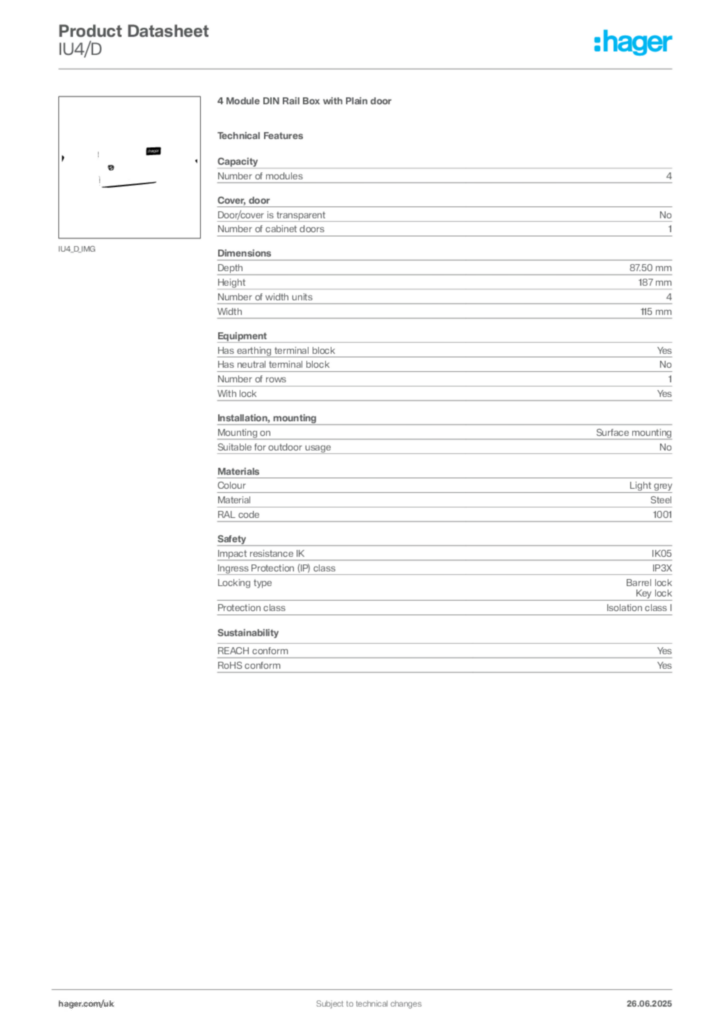 Image Hager Product data sheet IU4/D  | Hager