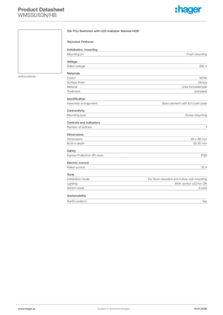 Image Hager Product data sheet WMSSU83N/HB  | Hager