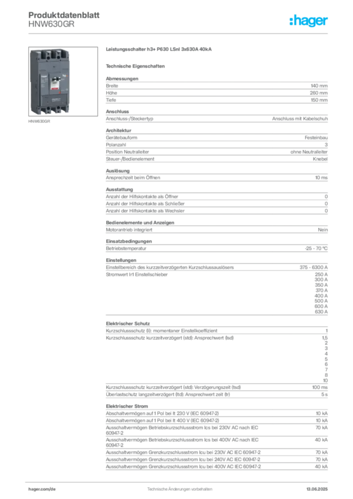 Bild Hager Produktdatenblatt HNW630GR | Hager Deutschland