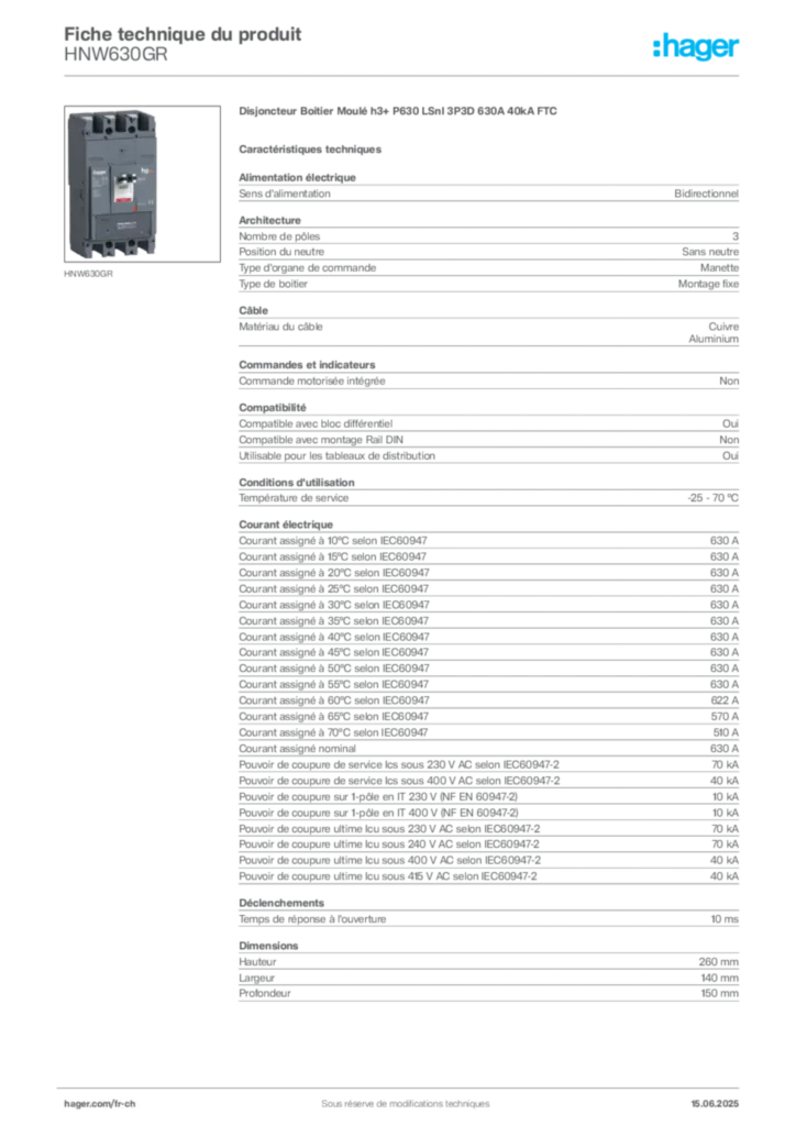 Image Hager Fiche technique du produit HNW630GR | Hager Suisse