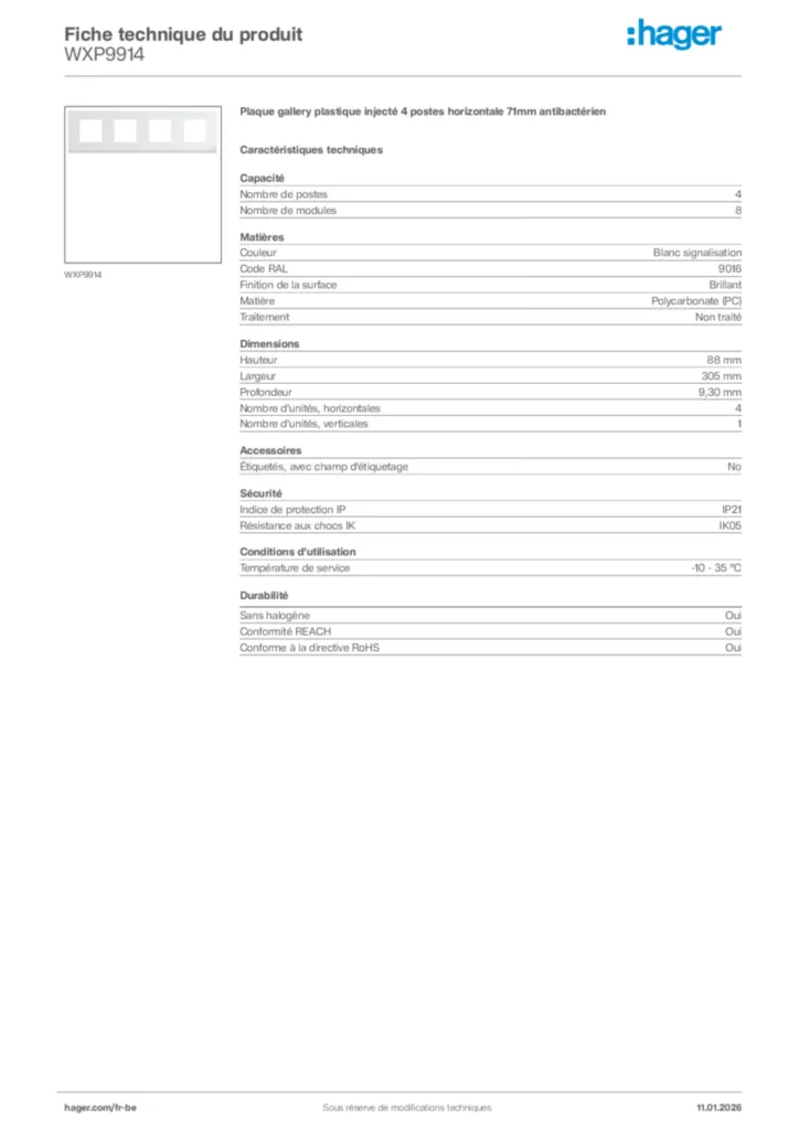 Image Hager Fiche technique du produit WXP9914 | Hager Belgique