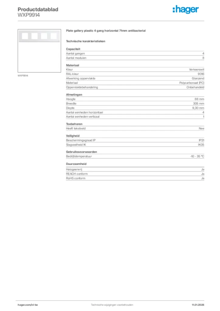 Afbeelding Hager Productdatablad WXP9914 | Hager Belgium