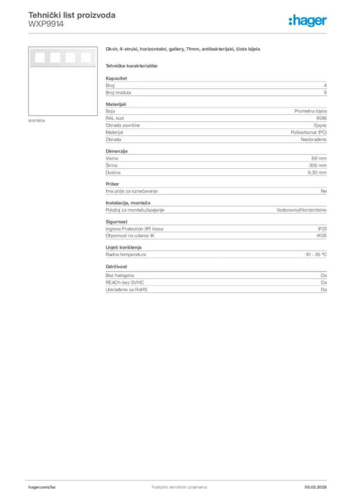 Slika Hager Tehnički list proizvoda WXP9914  | Hager