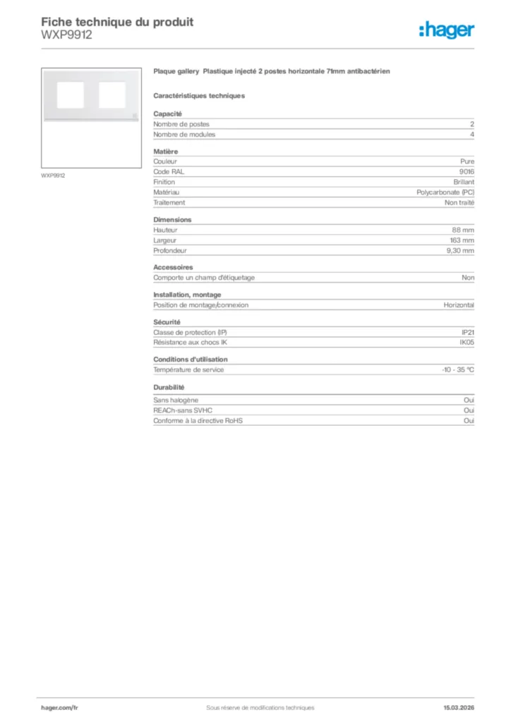 Image Hager Fiche technique du produit WXP9912 | Hager France