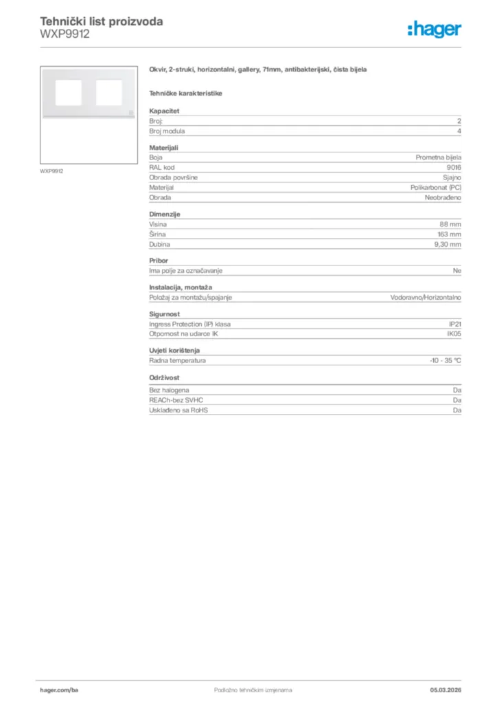 Slika Hager Tehnički list proizvoda WXP9912  | Hager