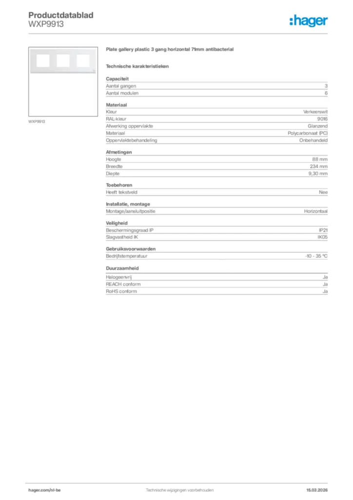 Afbeelding Hager Productdatablad WXP9913 | Hager Belgium