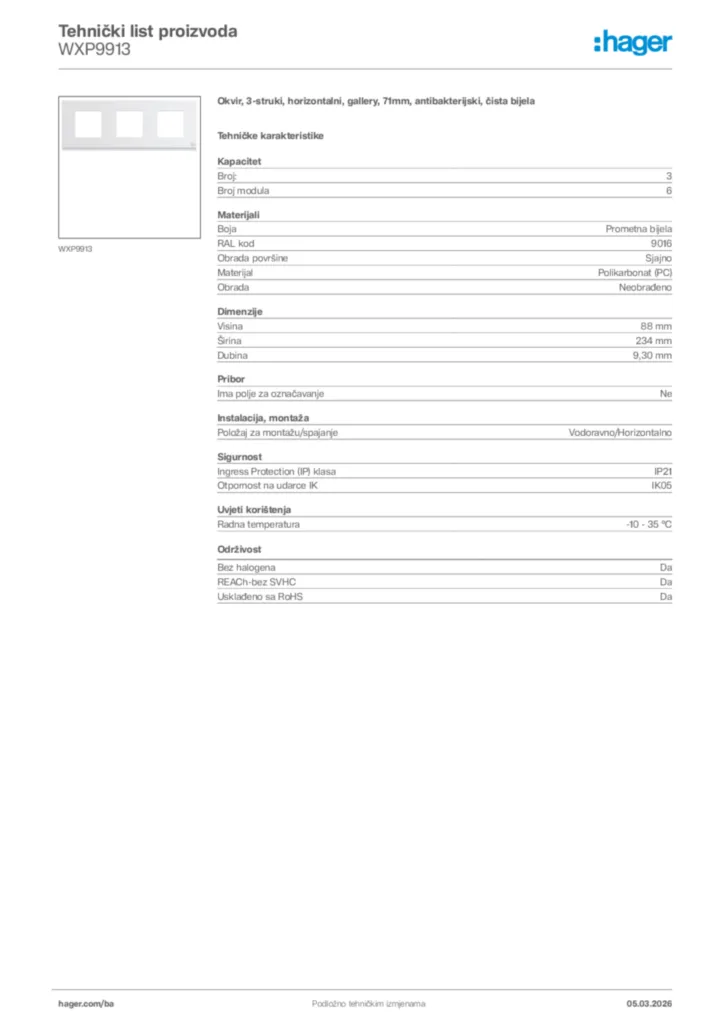 Slika Hager Tehnički list proizvoda WXP9913  | Hager