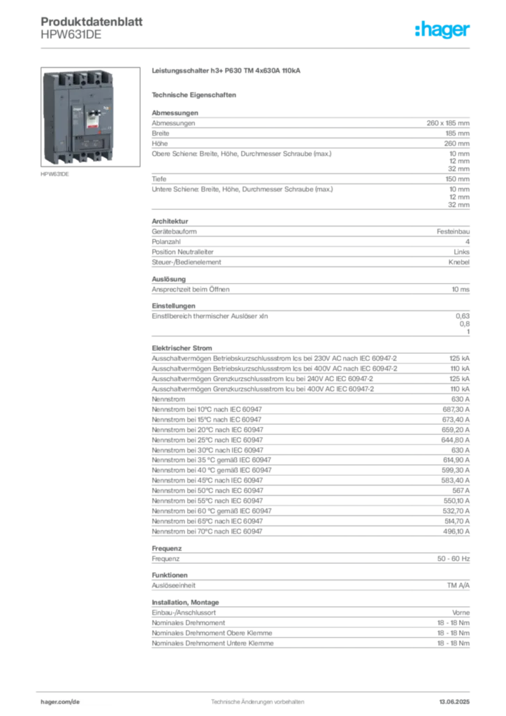 Bild Hager Produktdatenblatt HPW631DE | Hager Deutschland