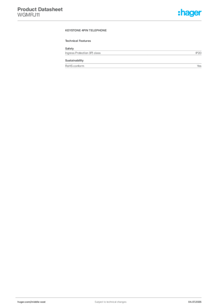 Image Hager Product data sheet WGMRJ11  | Hager