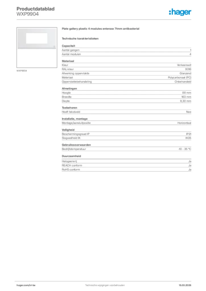 Afbeelding Hager Productdatablad WXP9904 | Hager Belgium