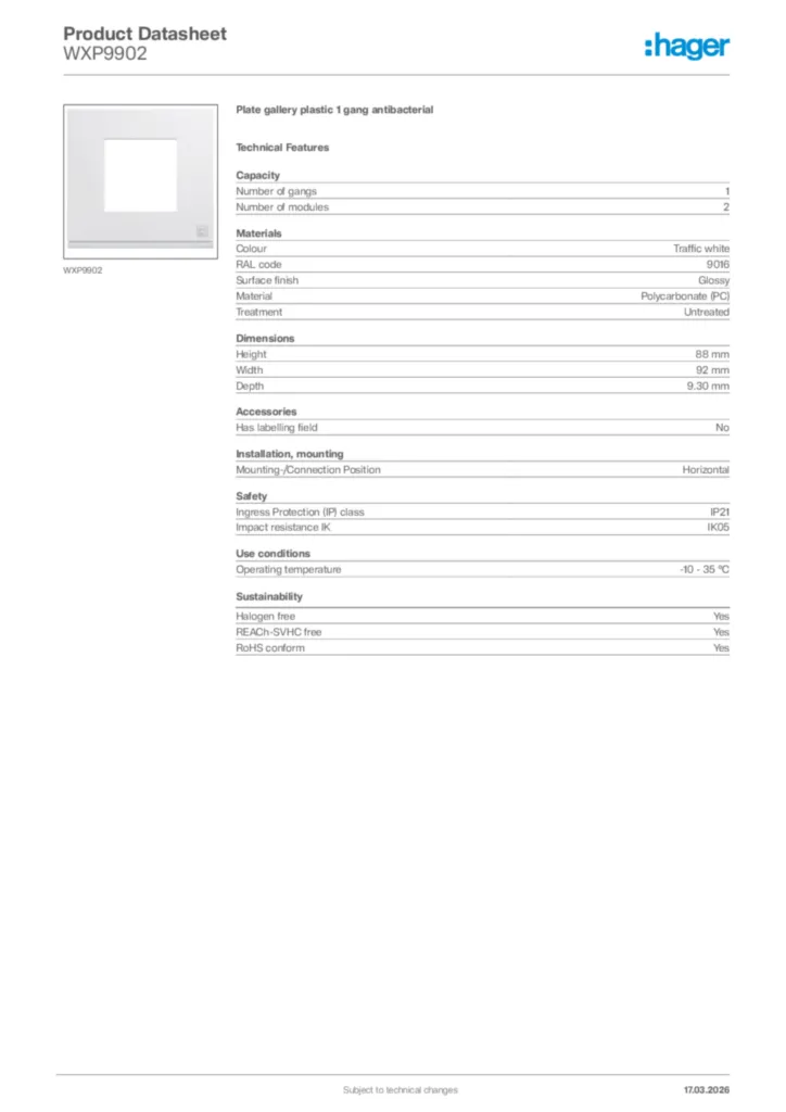 Image Hager Product data sheet WXP9902  | Hager Africa