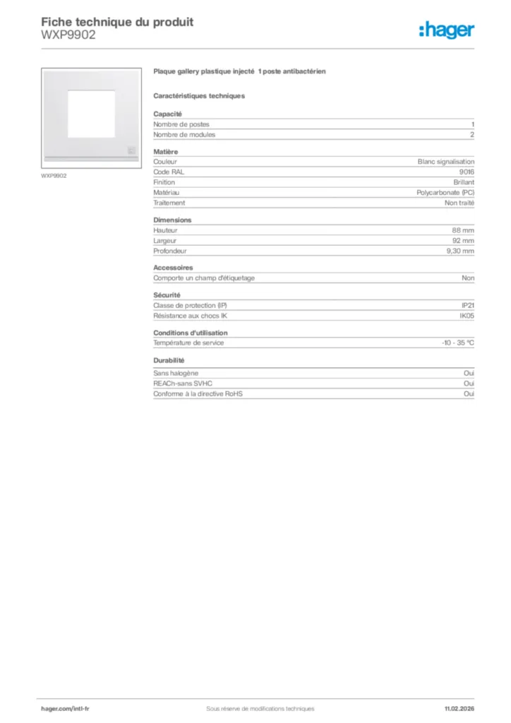 Image Hager Fiche technique du produit WXP9902 | Hager Afrique
