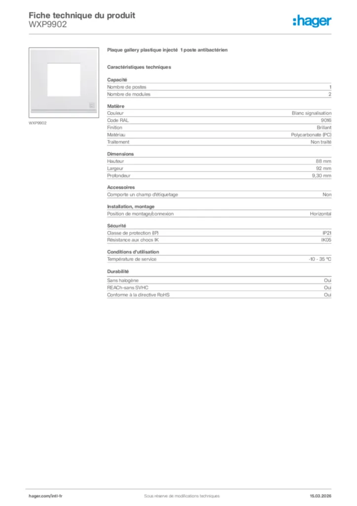 Image Hager Fiche technique du produit WXP9902 | Hager Afrique