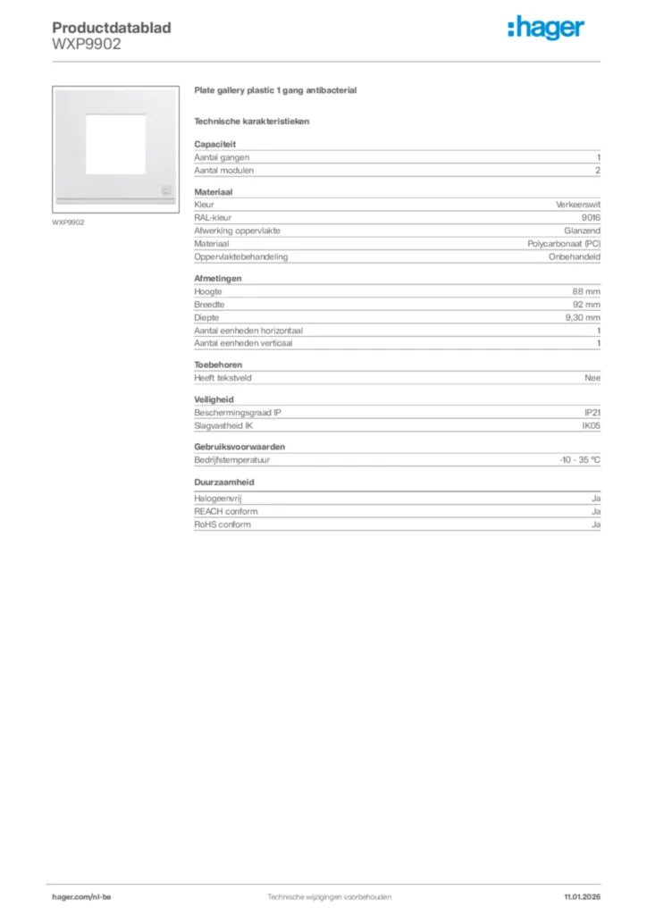 Afbeelding Hager Productdatablad WXP9902 | Hager Belgium