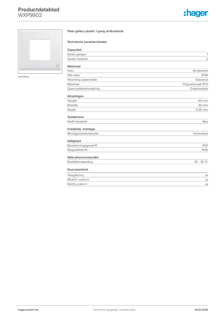 Afbeelding Hager Productdatablad WXP9902 | Hager Belgium