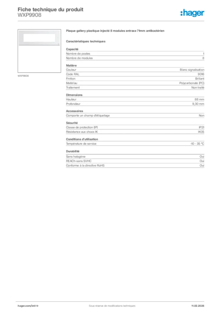 Image Hager Fiche technique du produit WXP9908 | Hager Afrique