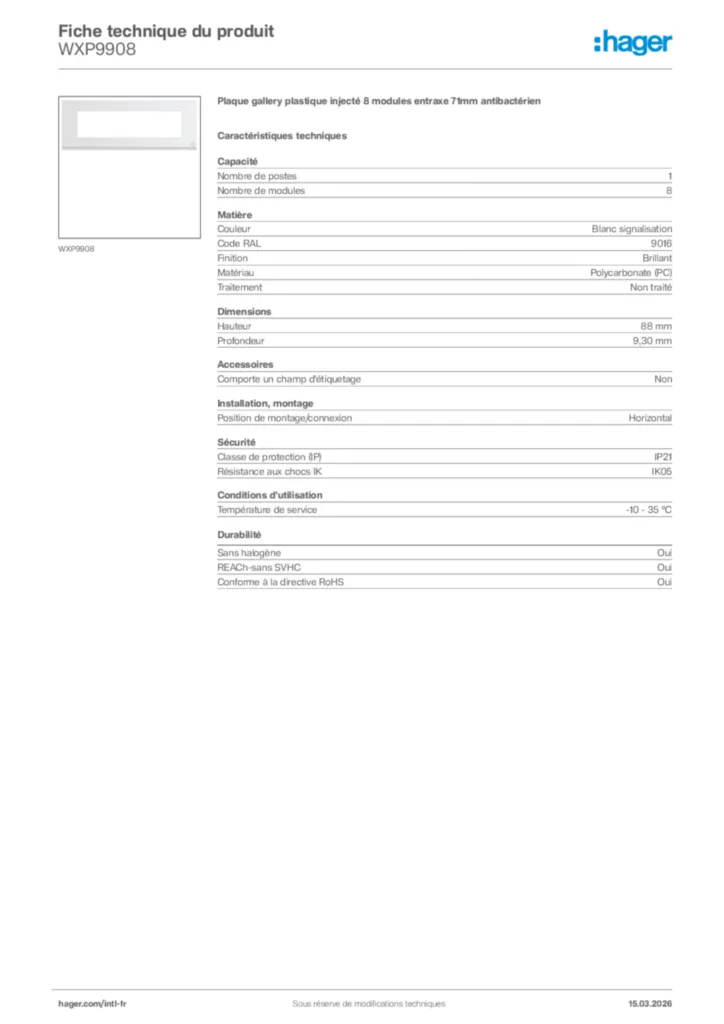 Image Hager Fiche technique du produit WXP9908 | Hager Afrique