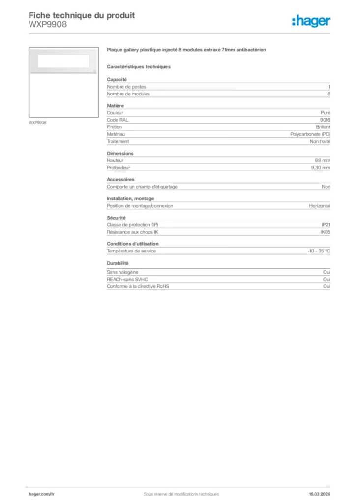 Image Hager Fiche technique du produit WXP9908 | Hager France