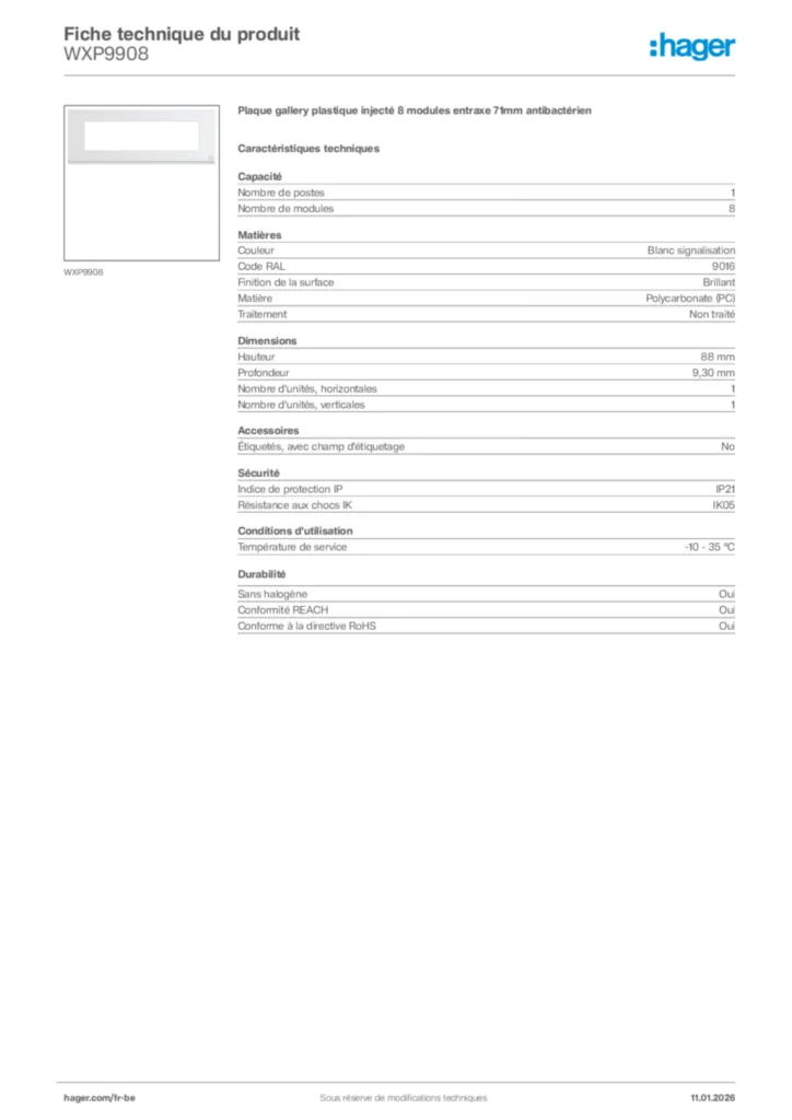 Image Hager Fiche technique du produit WXP9908 | Hager Belgique