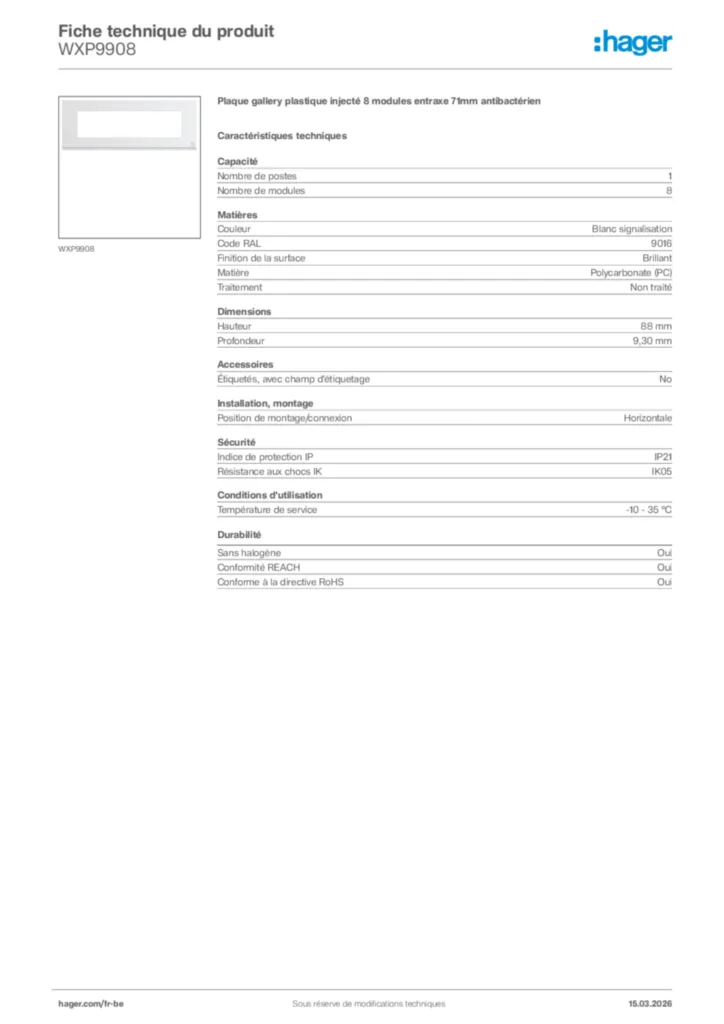 Image Hager Fiche technique du produit WXP9908 | Hager Belgique