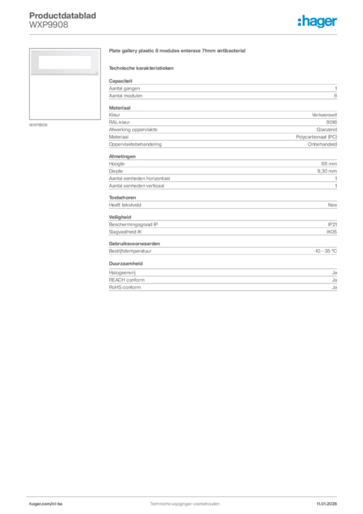 Afbeelding Hager Productdatablad WXP9908 | Hager Belgium